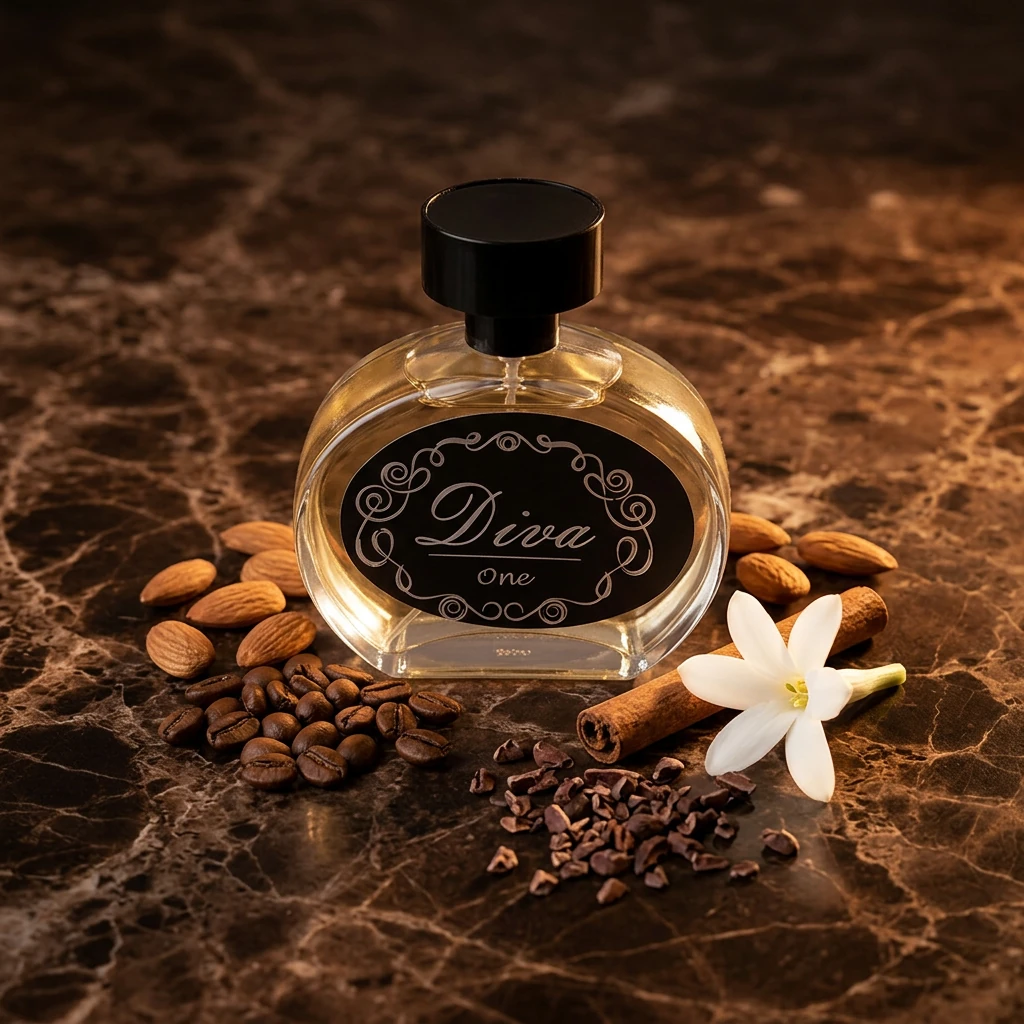 Perfume Diva Nº 1 da RV Cosméticos com café, amêndoas, cacau e tuberosa sobre mármore chocolate