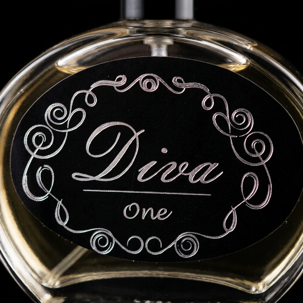 Detalhe macro do rótulo oval do perfume Diva Nº 1, com filigrana prateada