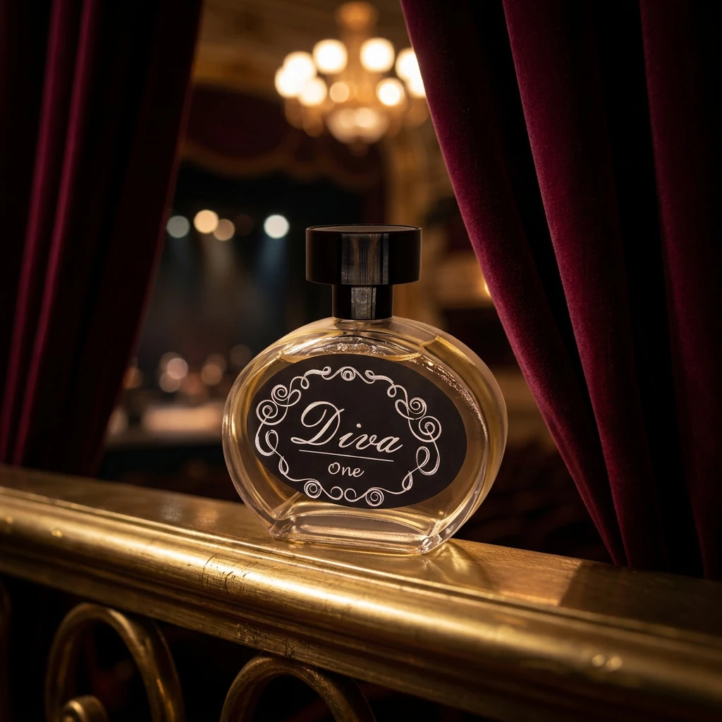 Perfume Diva Nº 1 sobre parapeito dourado em camarote de teatro com veludo vinho