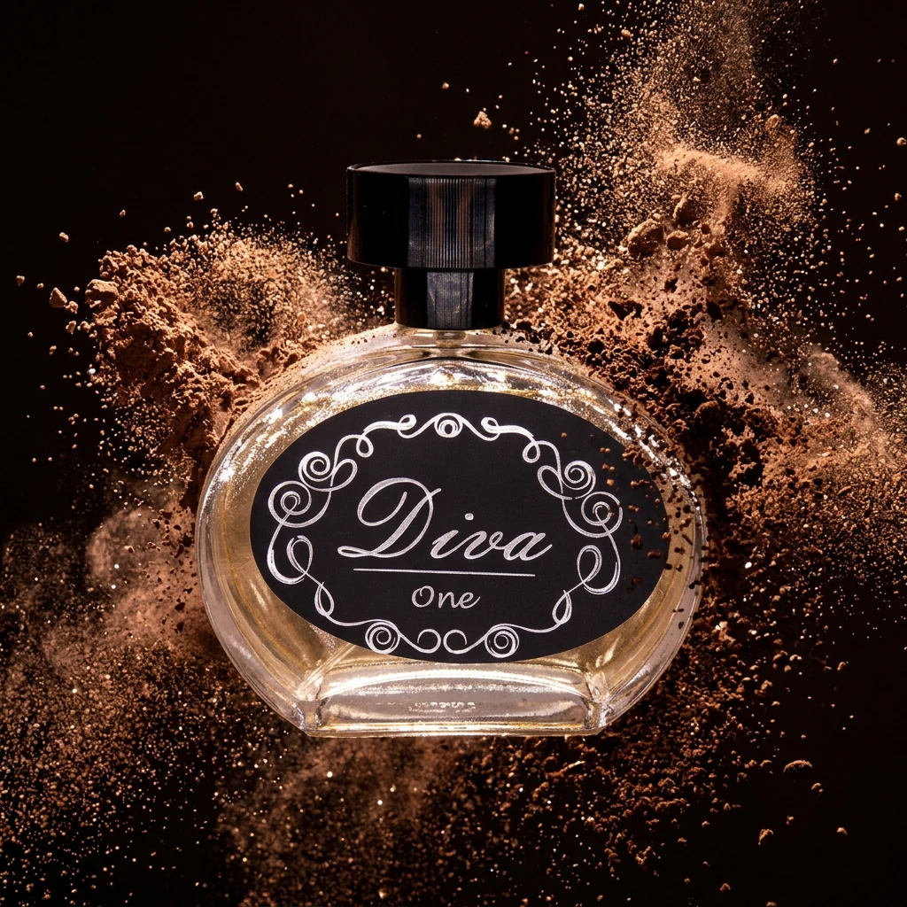 Perfume Diva Nº 1 envolto em nuvem de cacau e café em pó suspensos