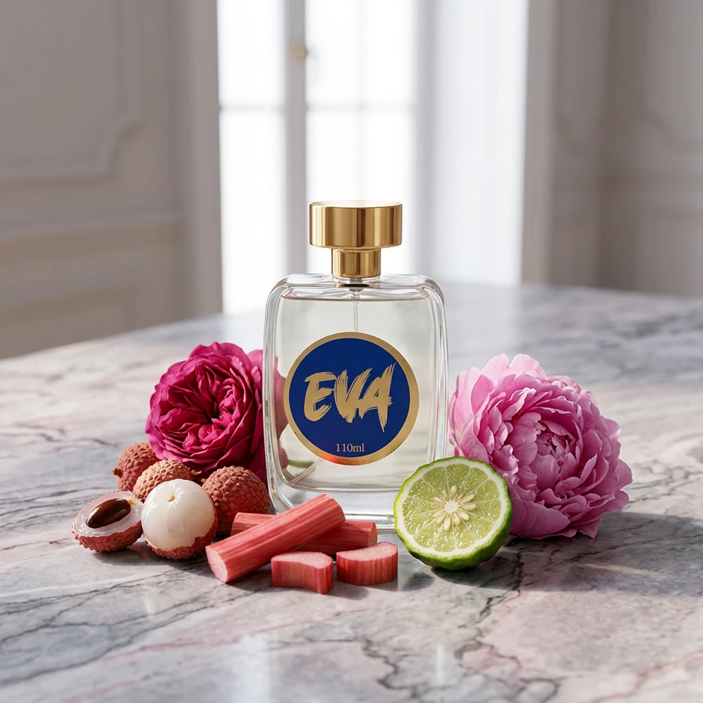 Perfume EVA Paris 110 ml da RV Cosméticos com lichia, ruibarbo, rosa turca e peônia sobre mármore