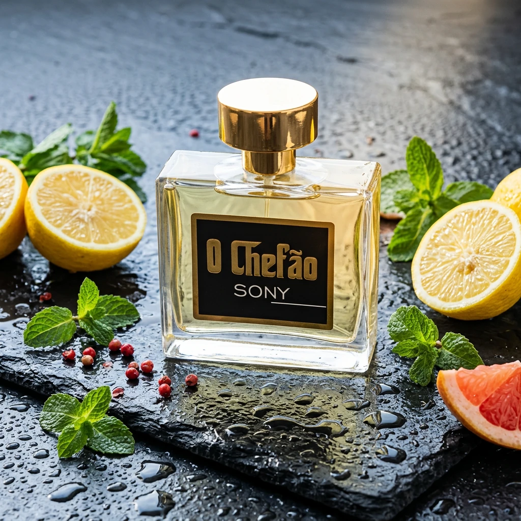 Perfume O Chefão Sony 100 ml da RV Cosméticos com limão siciliano, hortelã e pimenta rosa sobre ardósia molhada