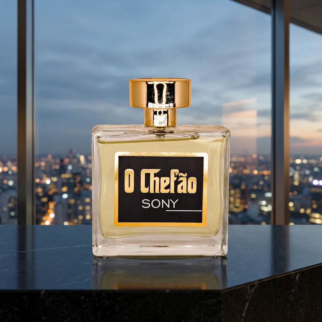Perfume O Chefão Sony sobre pedra polida em cobertura moderna ao entardecer