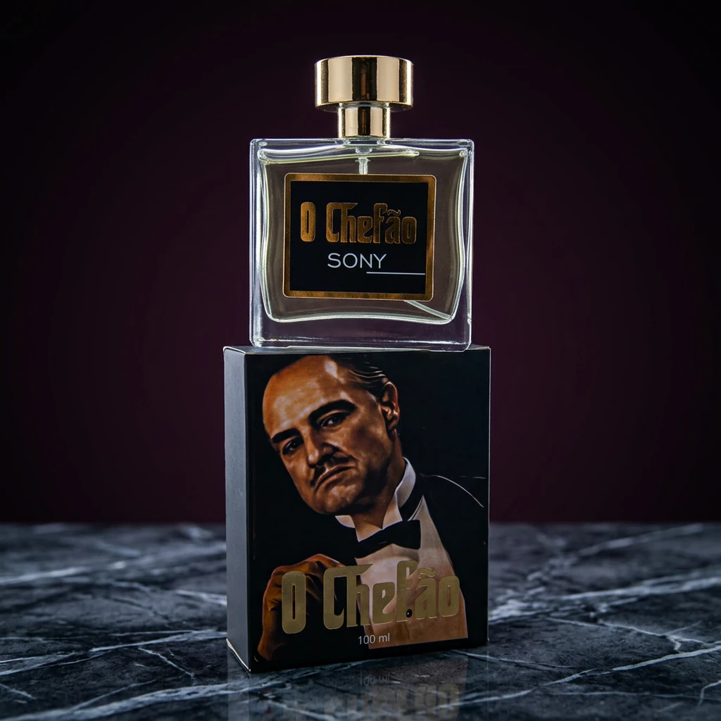 Perfume O Chefão Sony 100 ml ao lado da caixa sobre mármore escuro