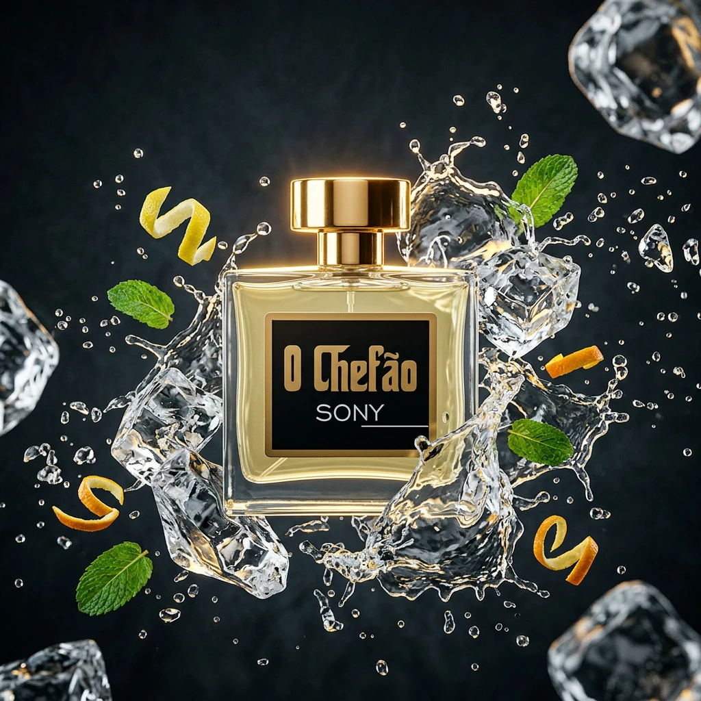 Perfume O Chefão Sony envolto em respingo de água e gelo com cítricos e hortelã suspensos