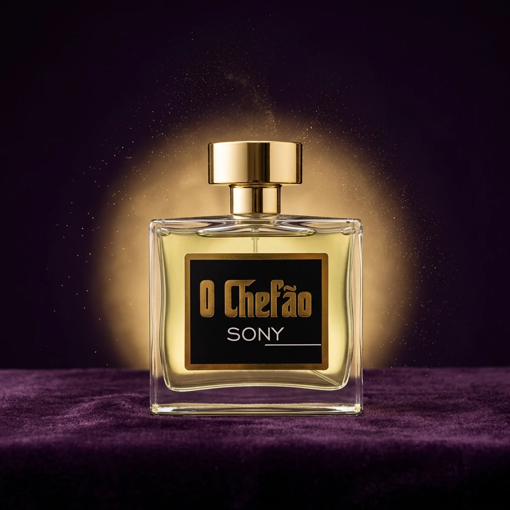 Perfume O Chefão Sony sobre veludo roxo com halo dourado, cores da marca RV Cosméticos