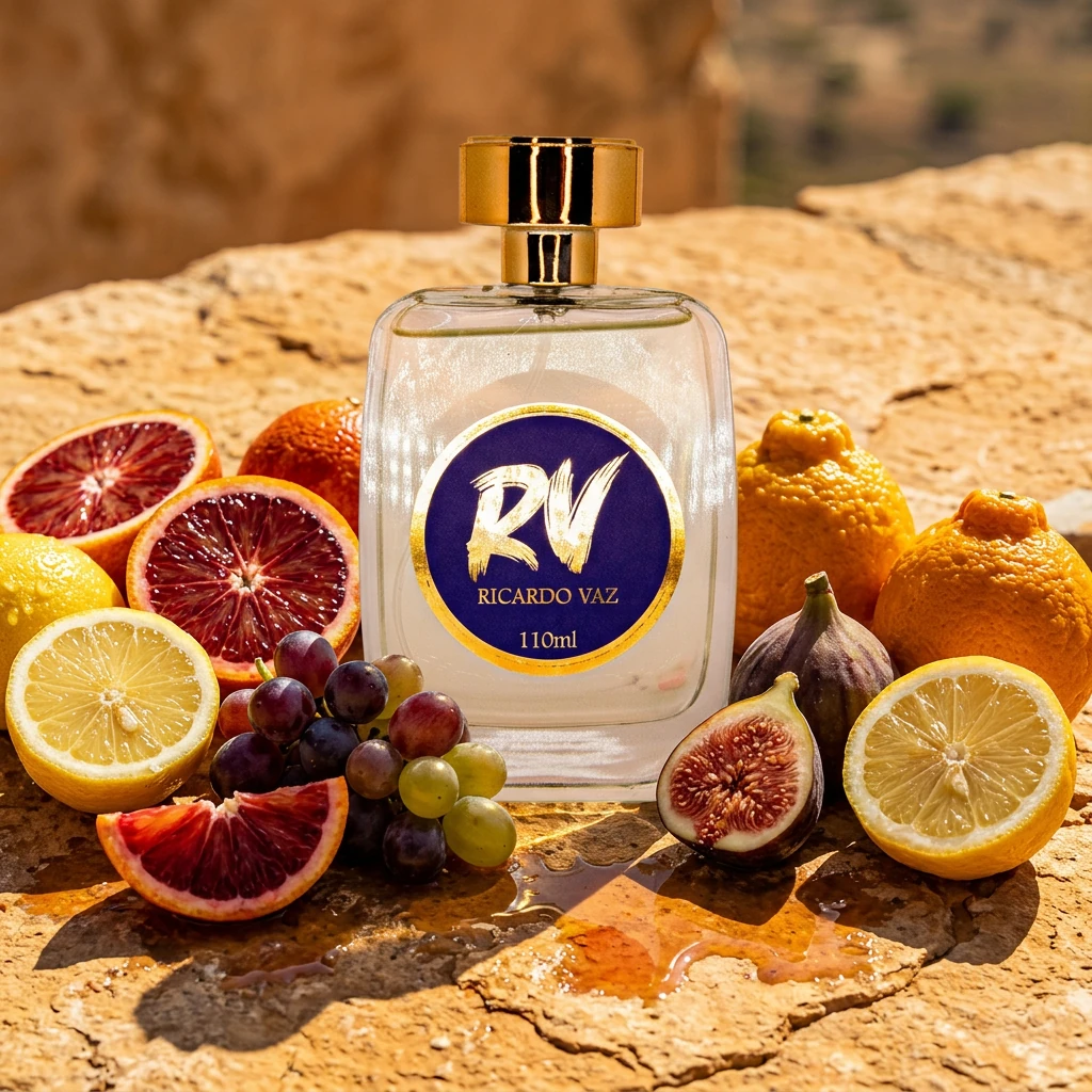 Perfume RV Turim 110 ml da RV Cosméticos com laranjas sanguíneas, limões e figos sobre pedra ocre