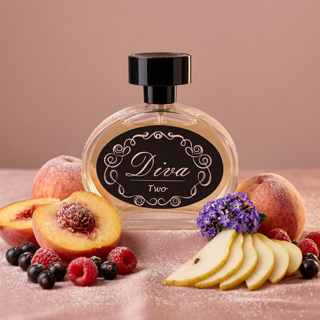 Perfume Diva Nº 2 da RV Cosméticos com pêssego, framboesa e heliotrópio sobre veludo rosa