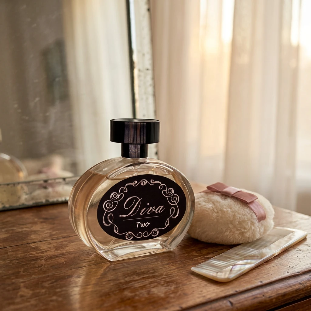 Perfume Diva Nº 2 sobre toucador antigo com espelho prateado e esponja de pó