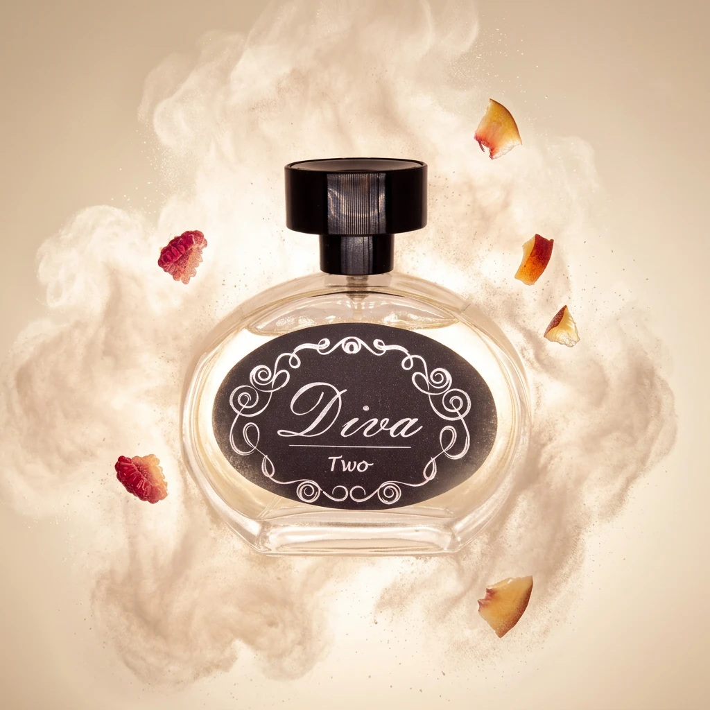 Perfume Diva Nº 2 envolto em nuvem de pó de talco suspenso em contraluz