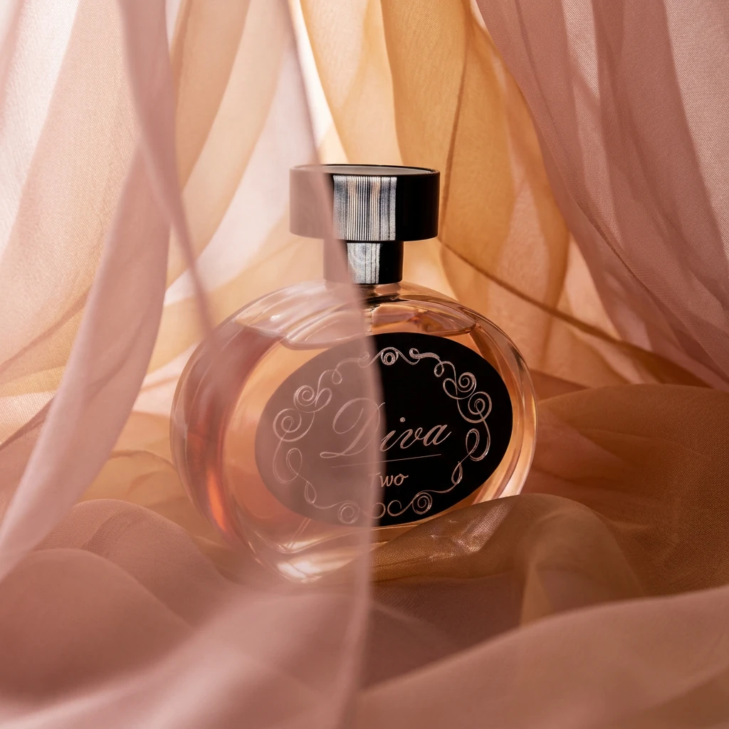 Perfume Diva Nº 2 visto através de camadas de chiffon em tons blush e âmbar