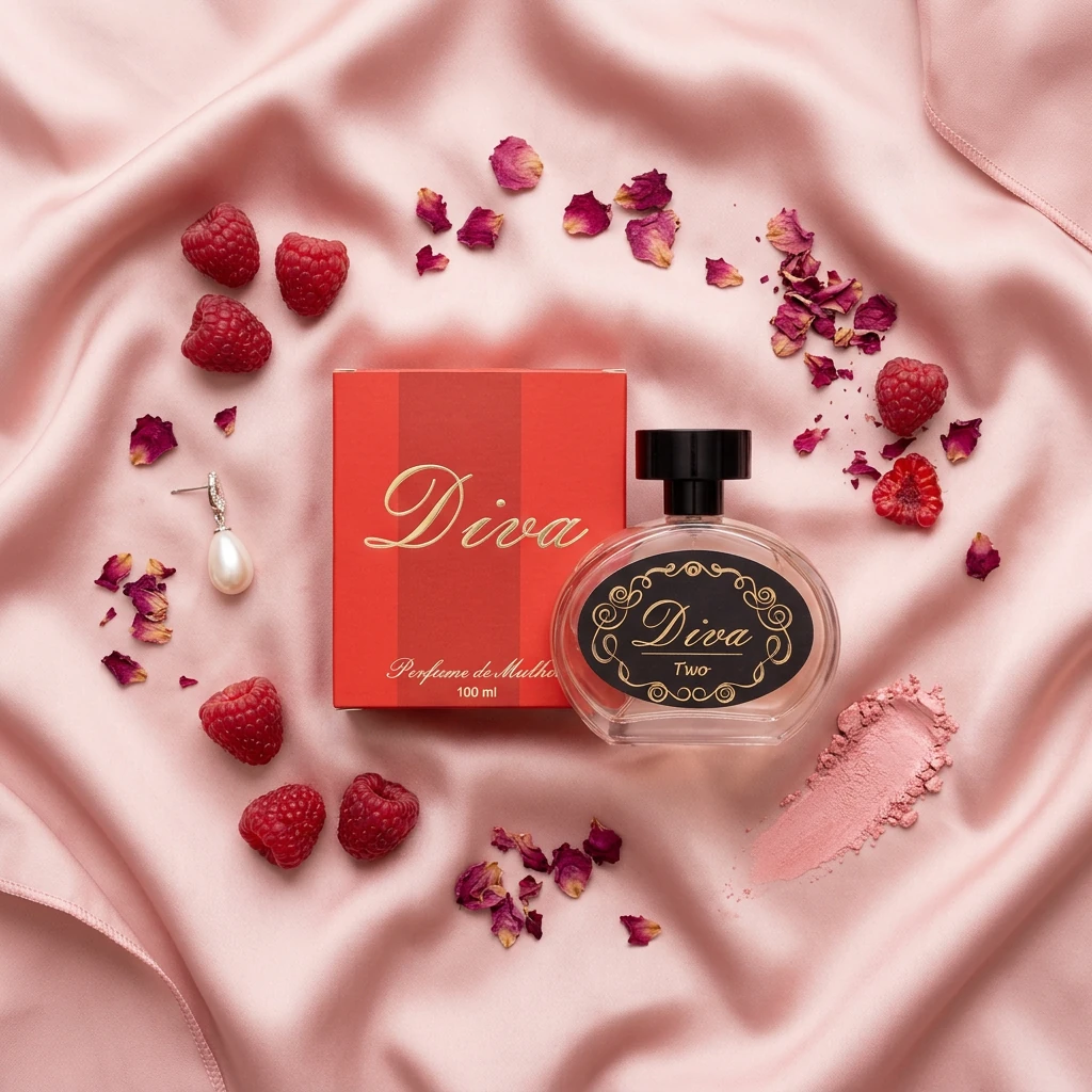 Perfume Diva Nº 2 em seda blush com framboesas, pétalas de rosa e pérola