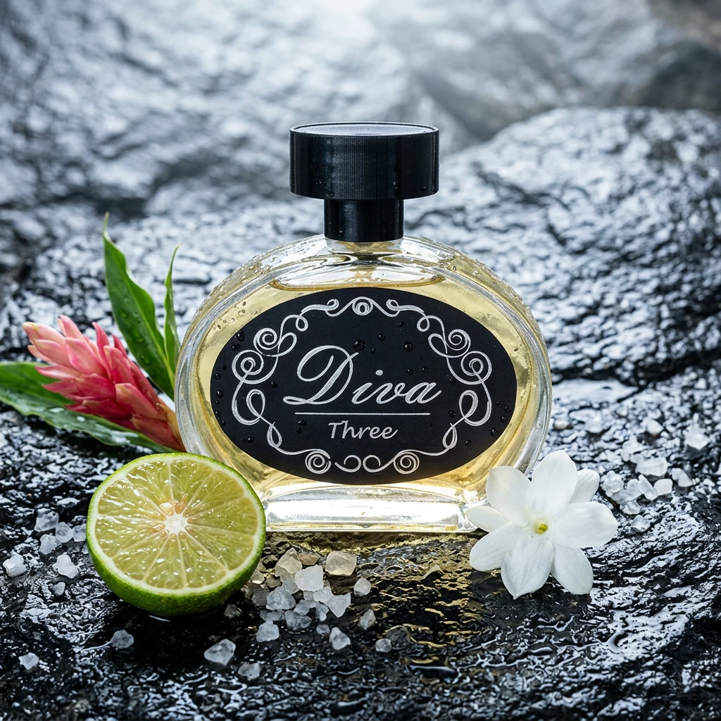 Perfume Diva Nº 3 da RV Cosméticos com sal grosso, cítrico e jasmim sobre basalto molhado