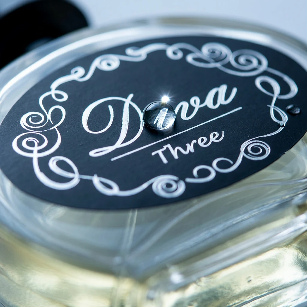 Detalhe macro do rótulo oval do perfume Diva Nº 3 com gota d'água