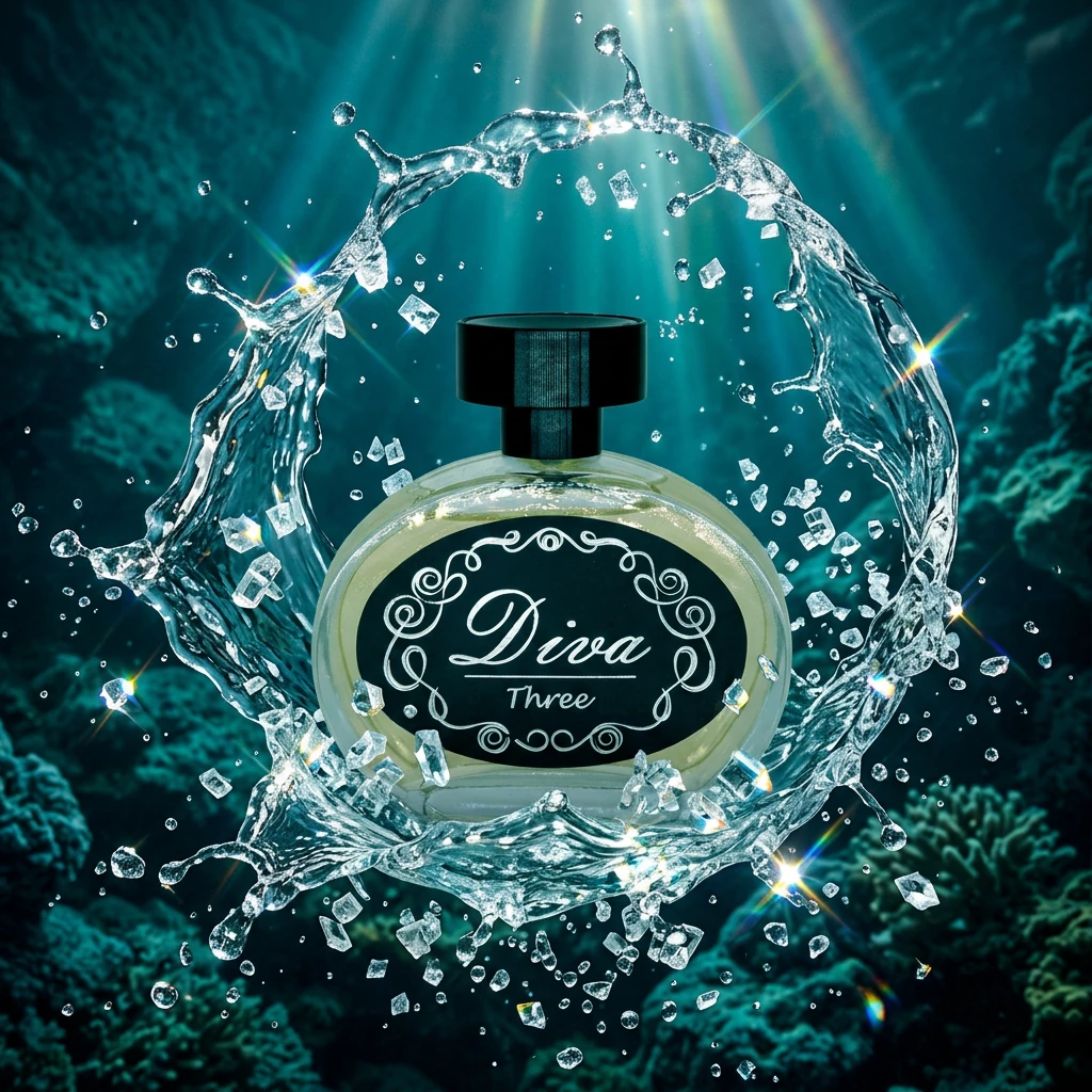 Perfume Diva Nº 3 envolto em respingo de água do mar e cristais de sal