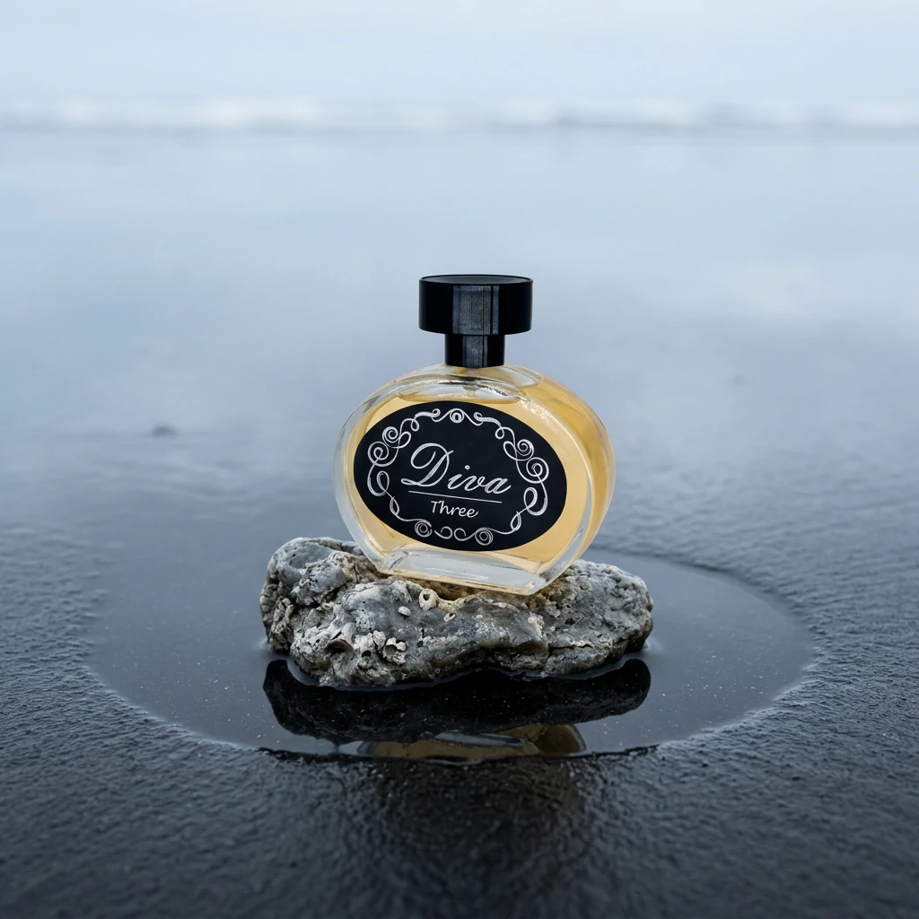 Perfume Diva Nº 3 sobre âmbar cinzento em areia molhada com a maré recuando