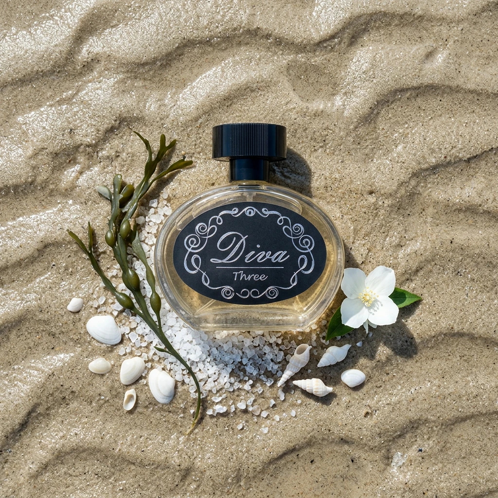 Perfume Diva Nº 3 em areia ondulada com conchas, sal e jasmim