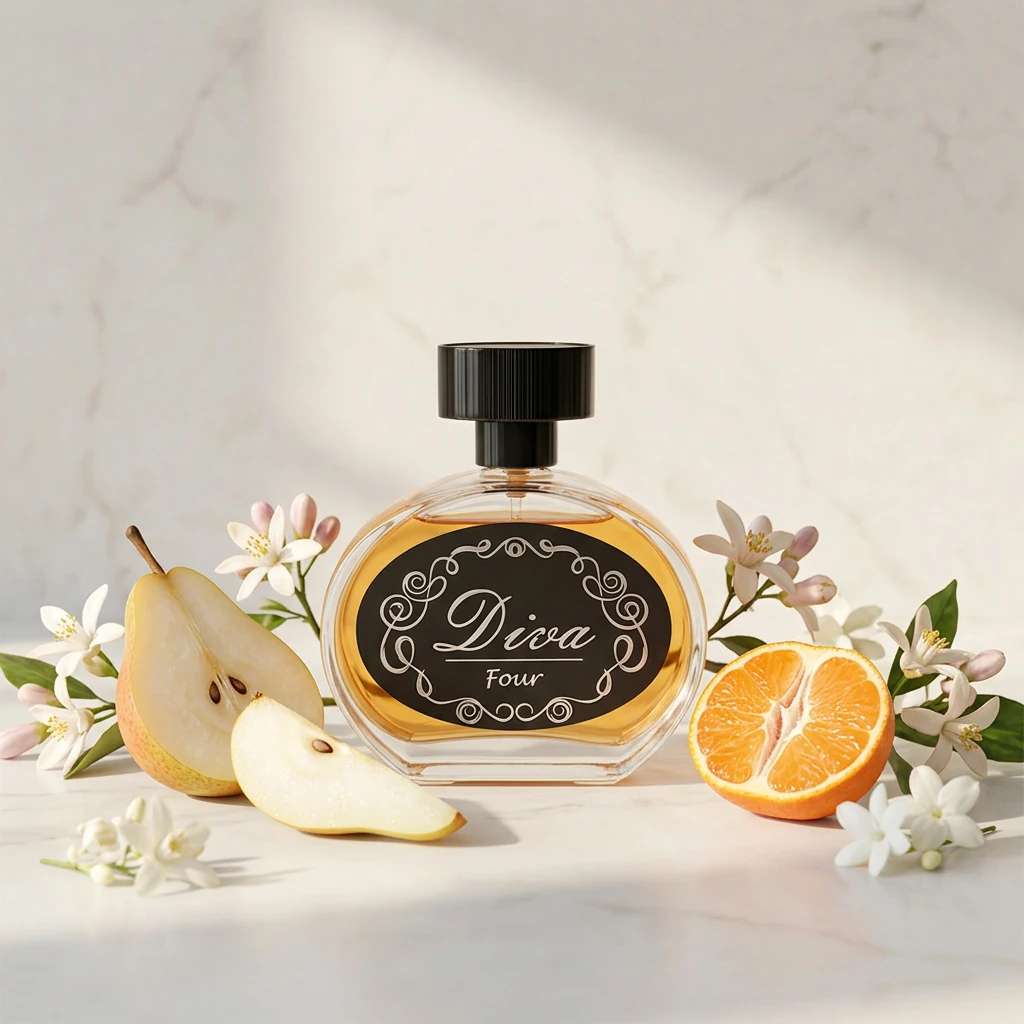 Perfume Diva Nº 4 da RV Cosméticos com flor de laranjeira, pera e tangerina sobre mármore creme
