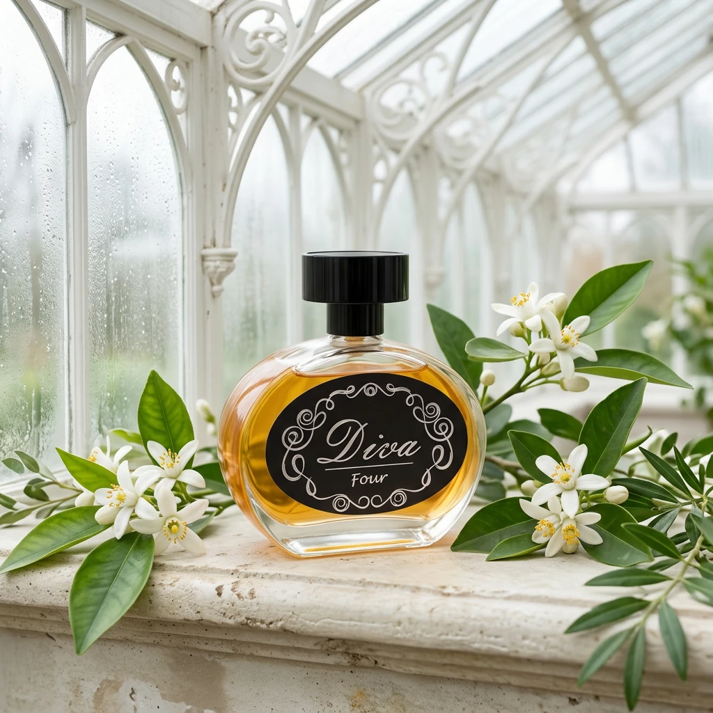 Perfume Diva Nº 4 em estufa vitoriana envidraçada entre ramos de flor de laranjeira