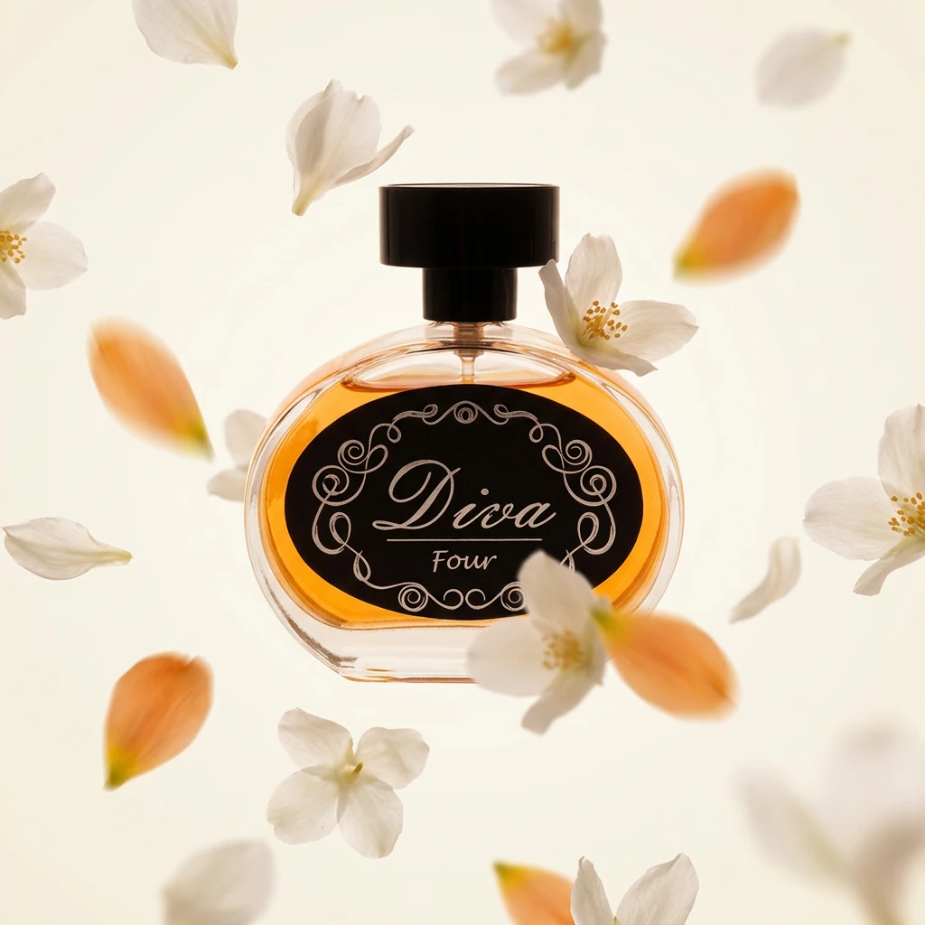 Perfume Diva Nº 4 entre pétalas brancas caindo em contraluz