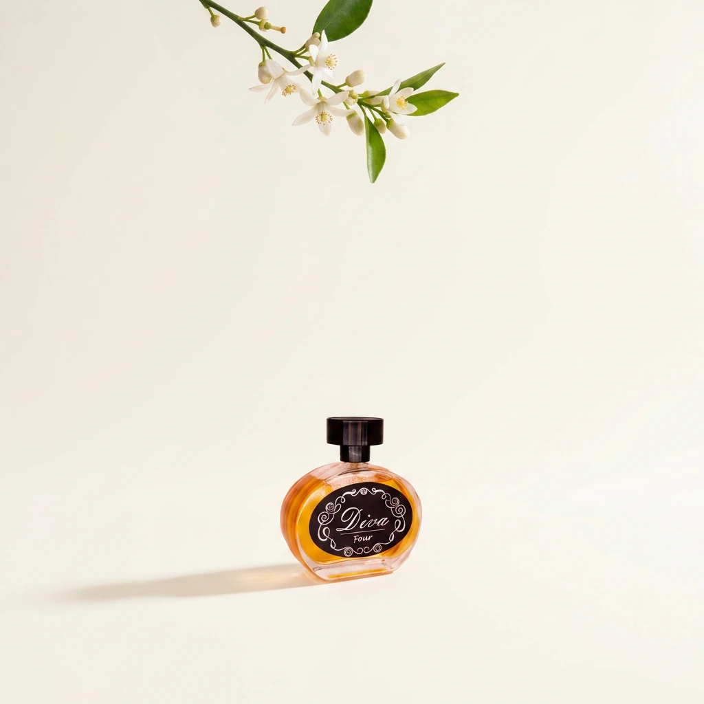 Perfume Diva Nº 4 em plano aberto luminoso com sombra longa e ramo de flor de laranjeira