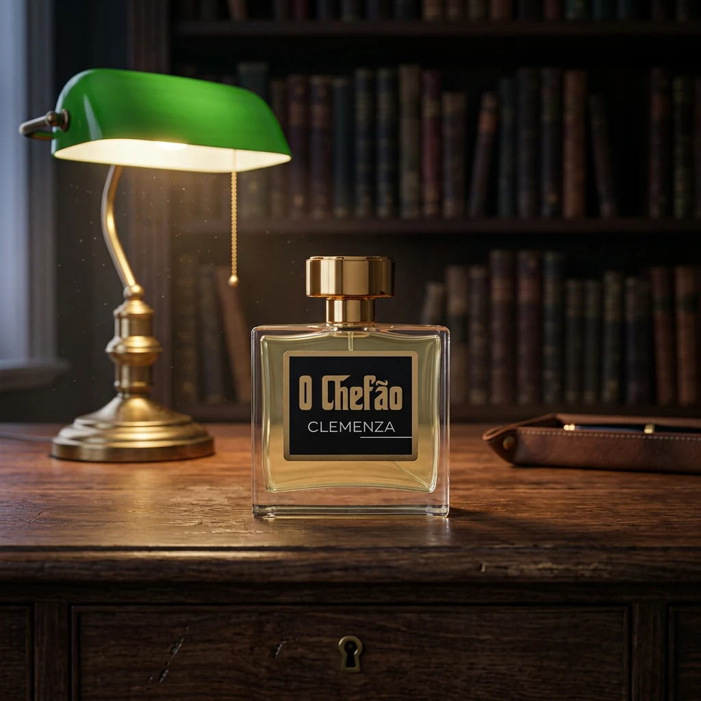 Perfume O Chefão Clemenza sobre escrivaninha de nogueira em biblioteca clássica