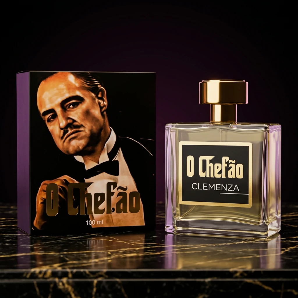 Perfume O Chefão Clemenza 100 ml ao lado da caixa sobre mármore escuro