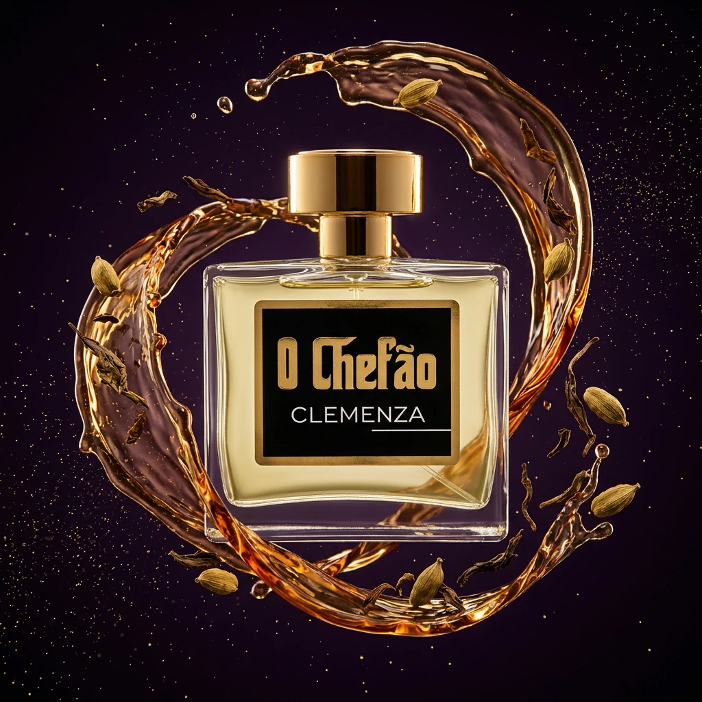 Perfume O Chefão Clemenza envolto em redemoinho de chá âmbar com cardamomo suspenso