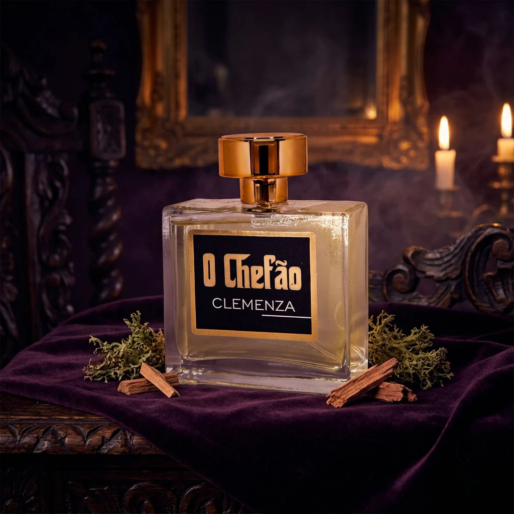 Perfume O Chefão Clemenza sobre veludo roxo em interior barroco à luz de vela