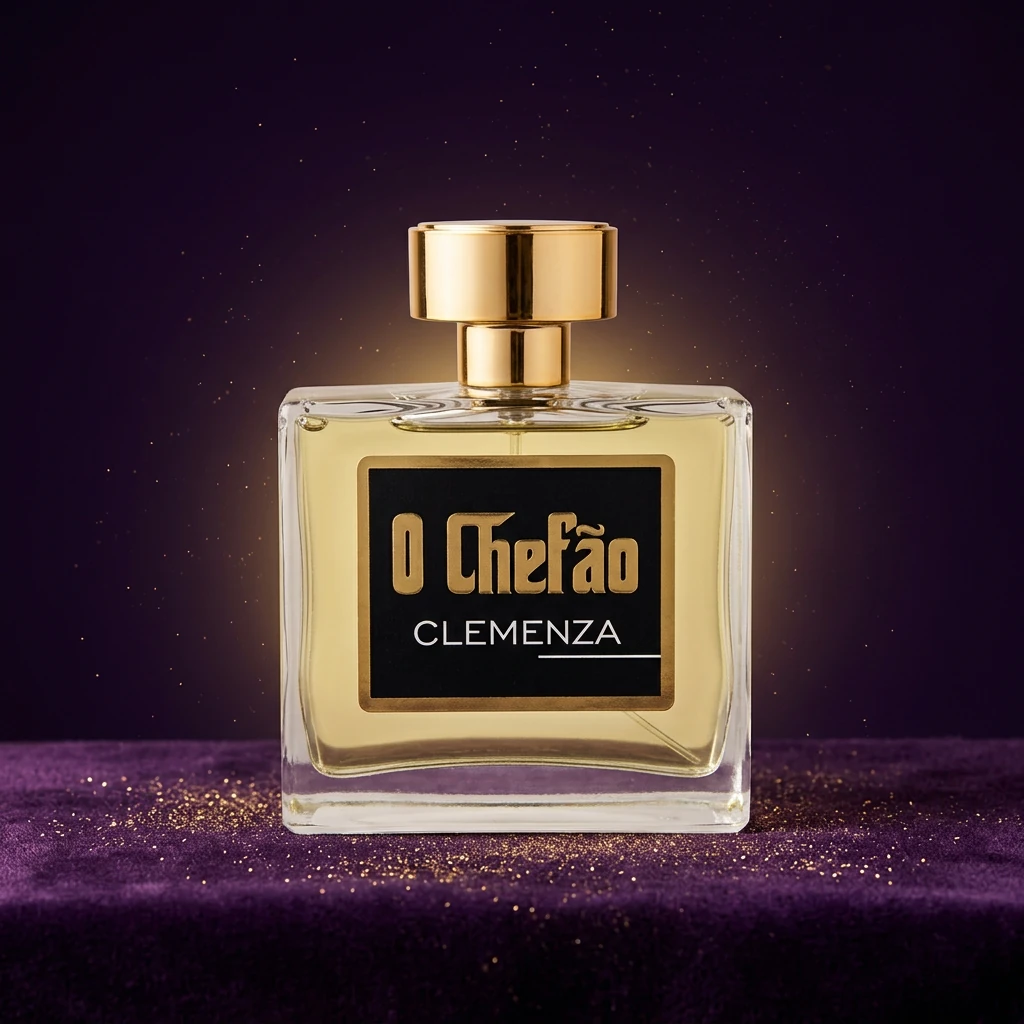 Perfume O Chefão Clemenza sobre veludo roxo com halo dourado, cores da marca RV Cosméticos