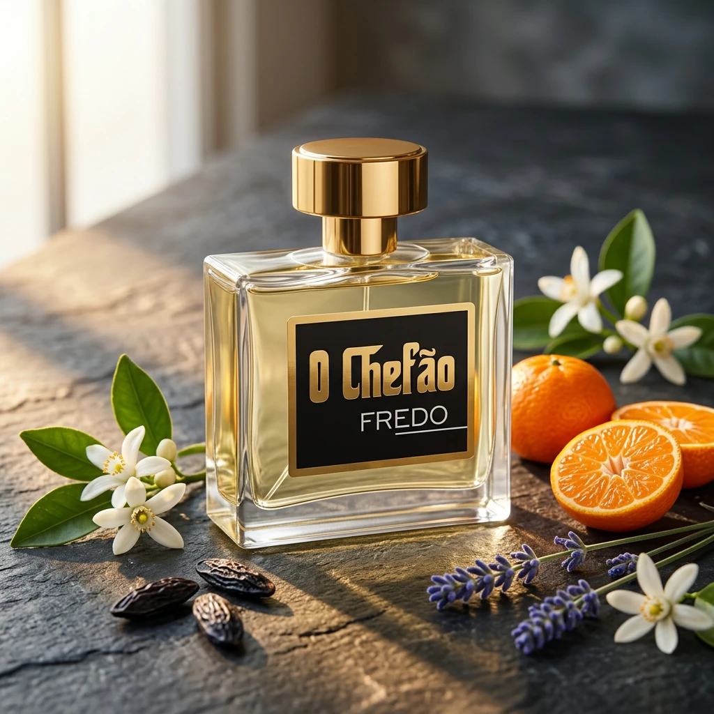 Perfume O Chefão Fredo 100 ml com flor de laranjeira, tangerina e lavanda sobre pedra escura