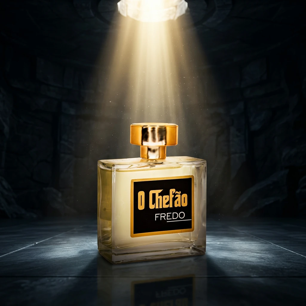 Perfume O Chefão Fredo sob feixe de luz dramático em arena de pedra escura