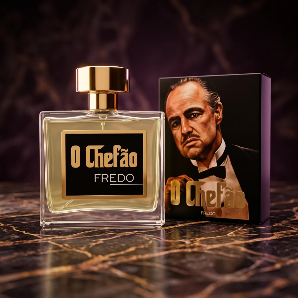 Perfume O Chefão Fredo 100 ml ao lado da caixa sobre mármore escuro
