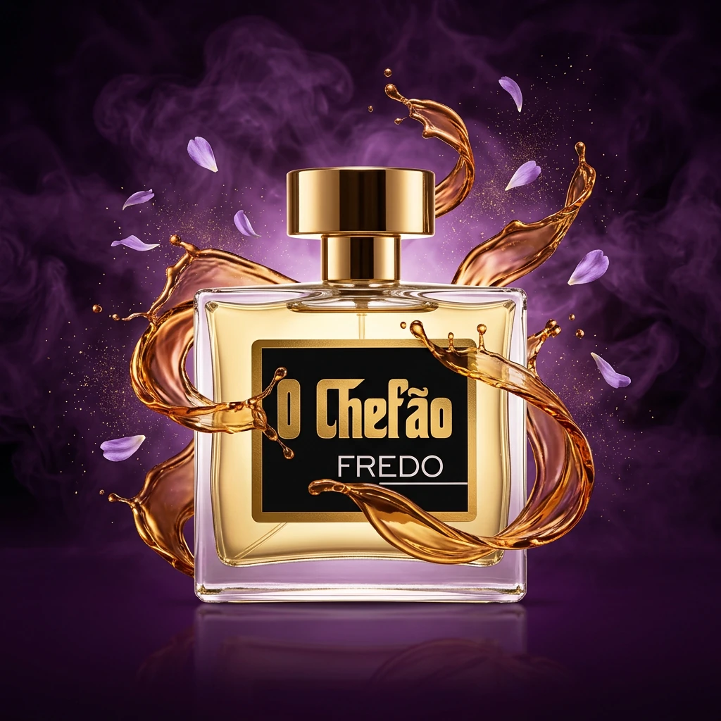 Perfume O Chefão Fredo envolto em âmbar líquido suspenso e pétalas de lavanda