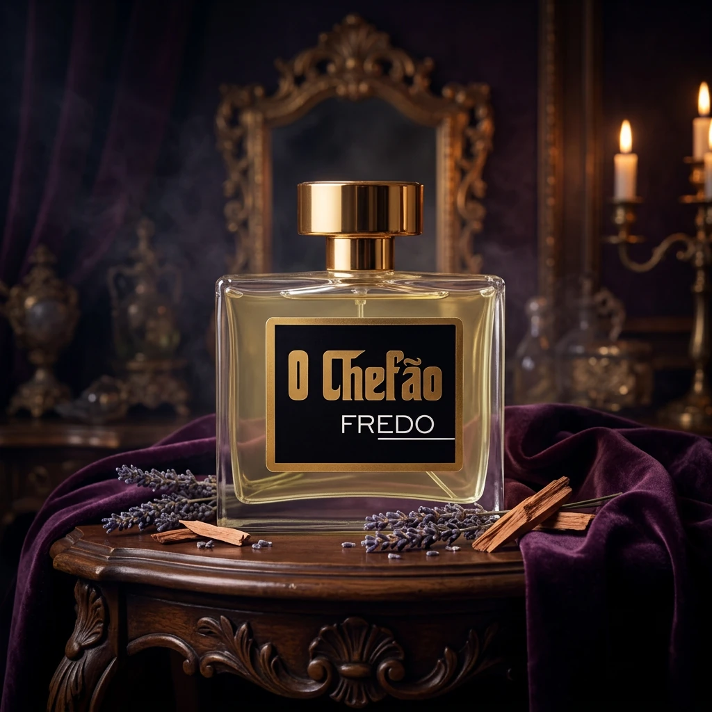 Perfume O Chefão Fredo sobre veludo roxo em interior barroco à luz de vela