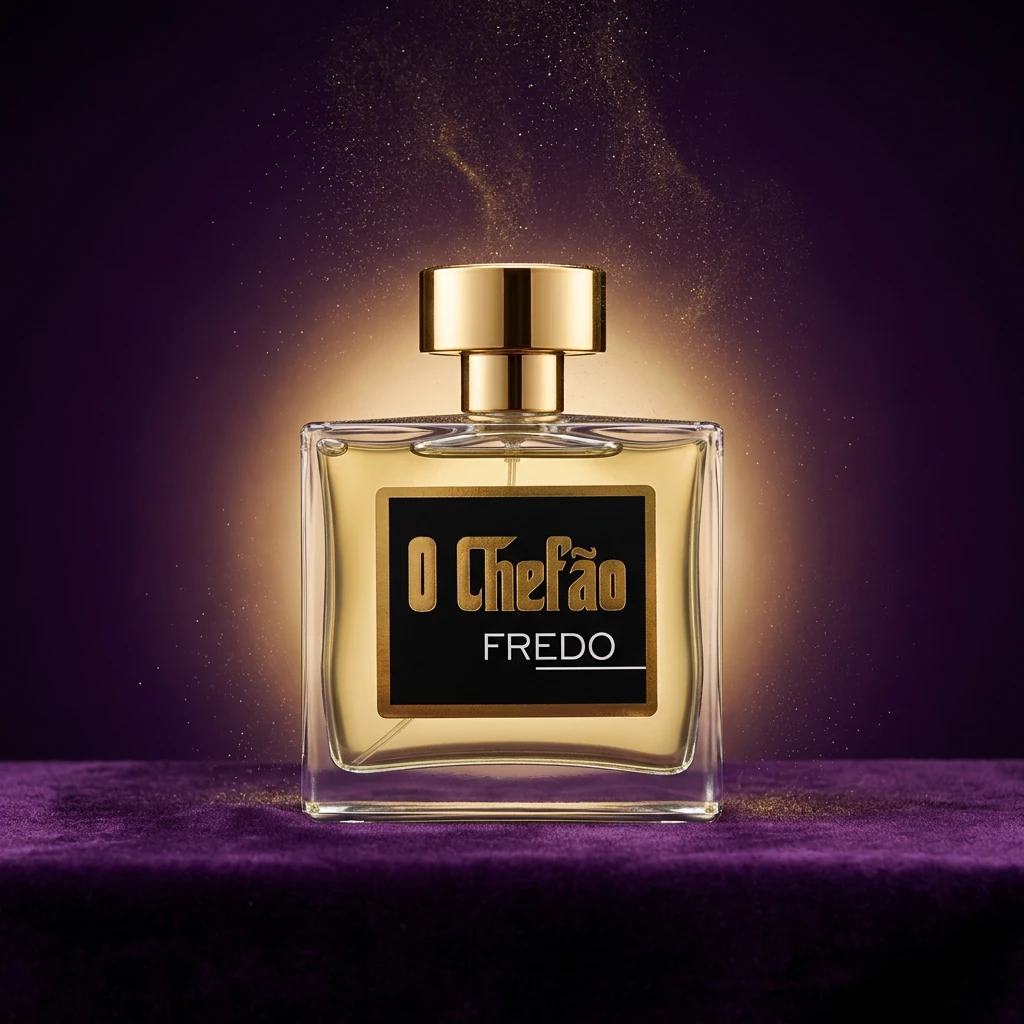 Perfume O Chefão Fredo sobre veludo roxo com halo dourado, cores da marca RV Cosméticos