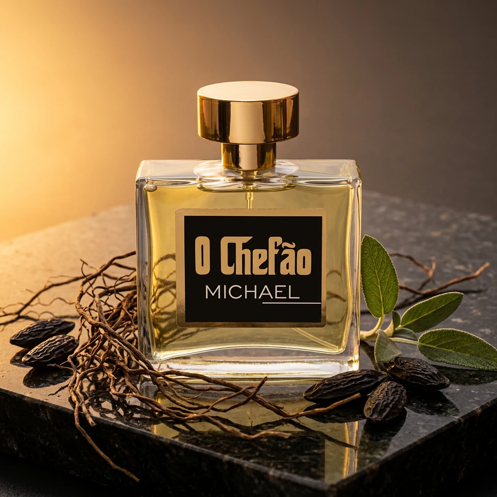 Perfume O Chefão Michael 100 ml da RV Cosméticos sobre pedra escura, com raízes de vetiver, favas tonka e sálvia