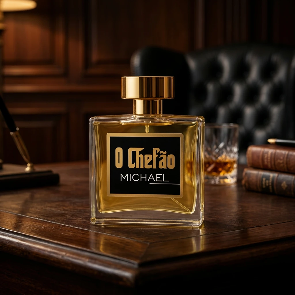 Perfume O Chefão Michael sobre escrivaninha de madeira escura em escritório clássico