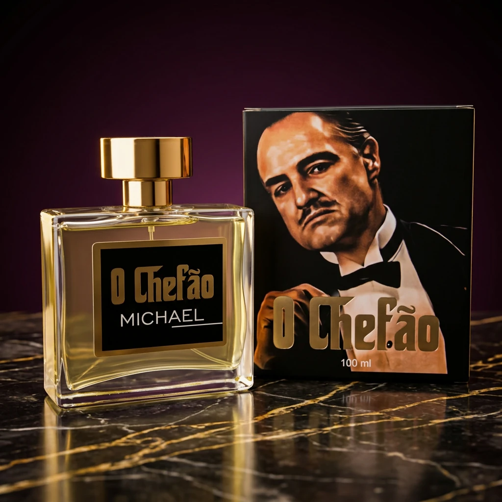 Perfume O Chefão Michael 100 ml ao lado da caixa, sobre mármore escuro