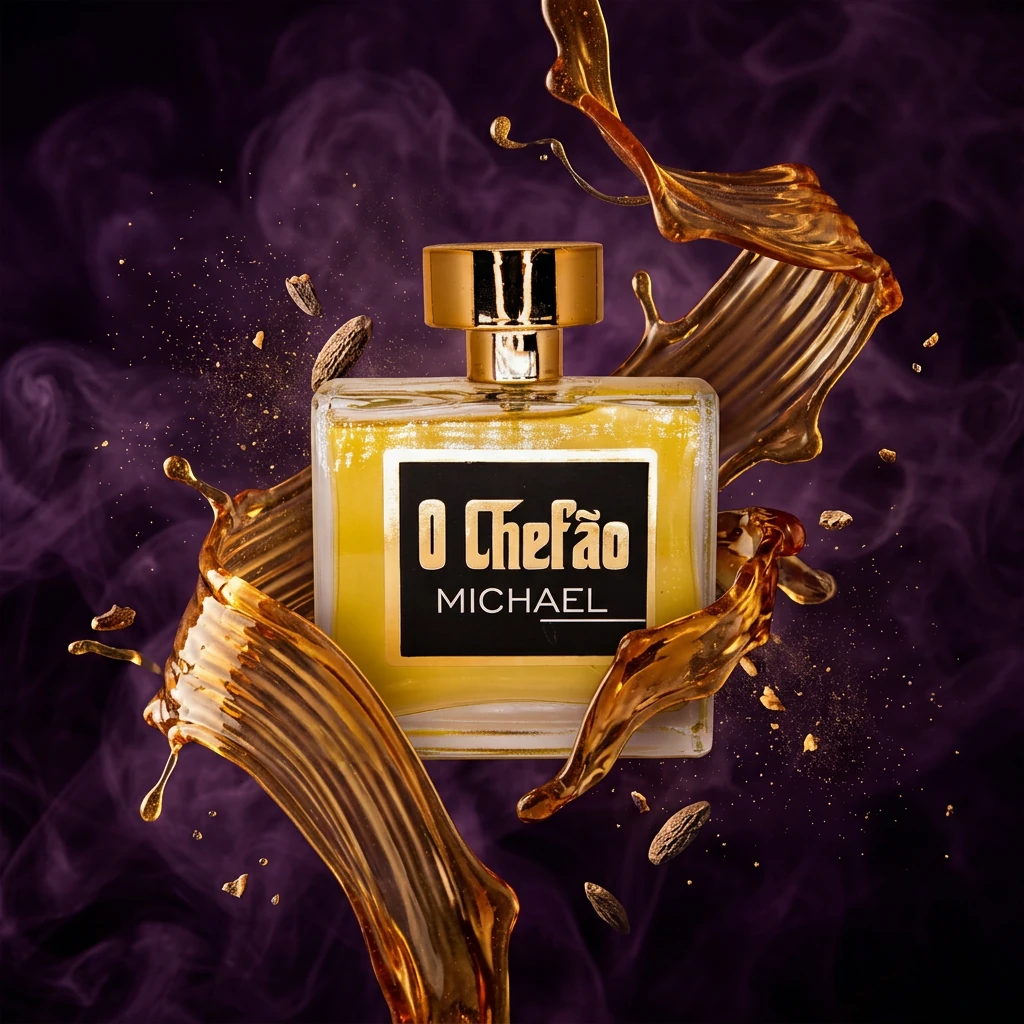 Perfume O Chefão Michael envolto em caramelo suspenso e poeira dourada sobre fundo roxo