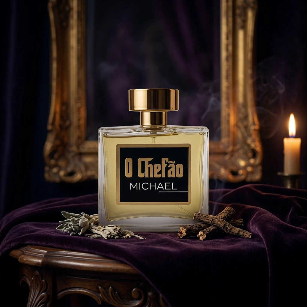 Perfume O Chefão Michael sobre veludo roxo em interior barroco à luz de vela