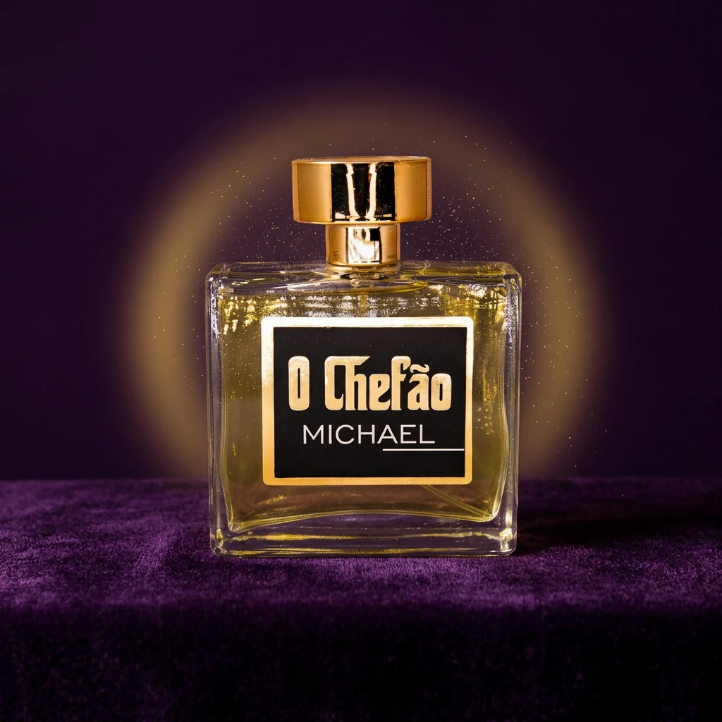 Perfume O Chefão Michael sobre veludo roxo com halo dourado, cores da marca RV