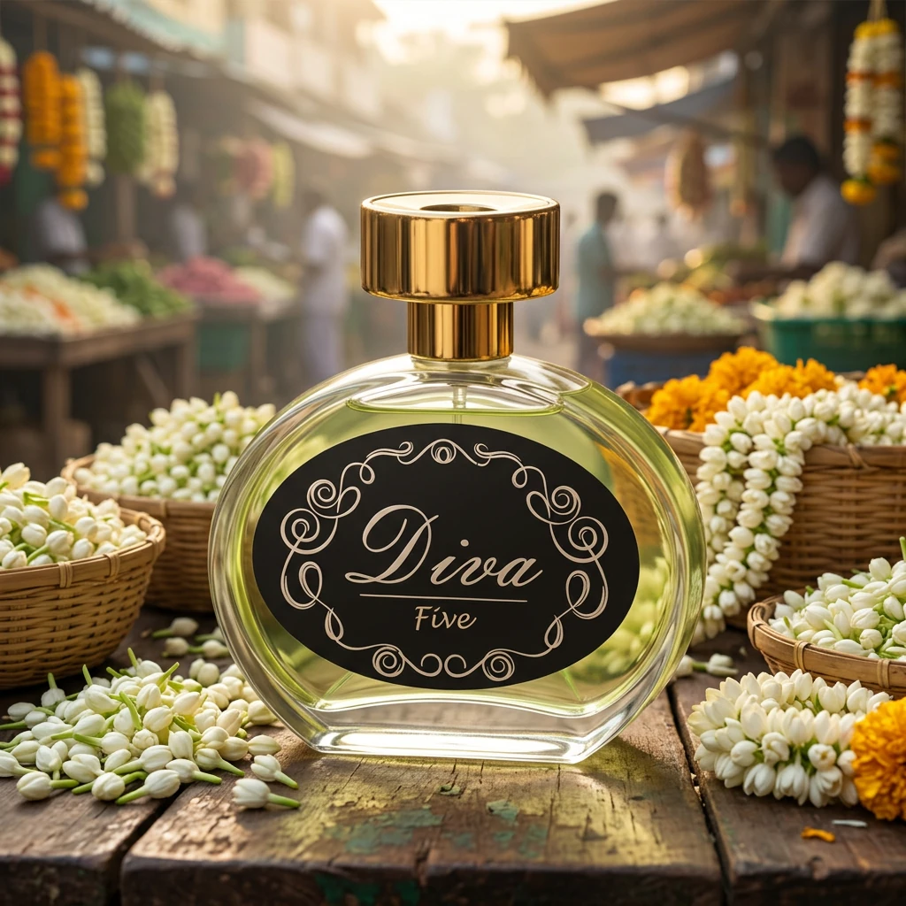 Perfume Diva Nº 5 em banca de mercado de flores em Madurai, na Índia, entre cestos de jasmim sambac
