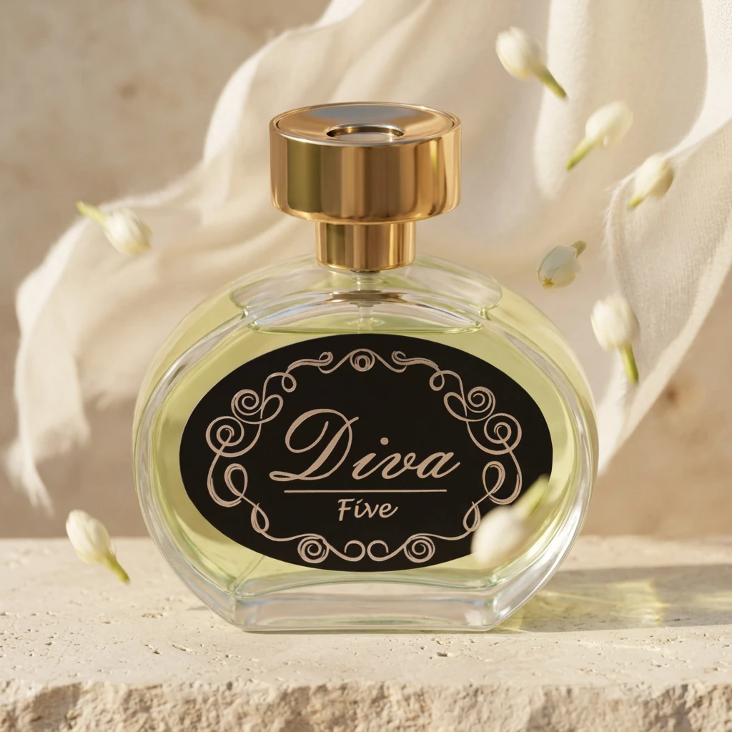 Perfume Diva Nº 5 com xale de pashmina esvoaçando ao vento e botões de jasmim caindo