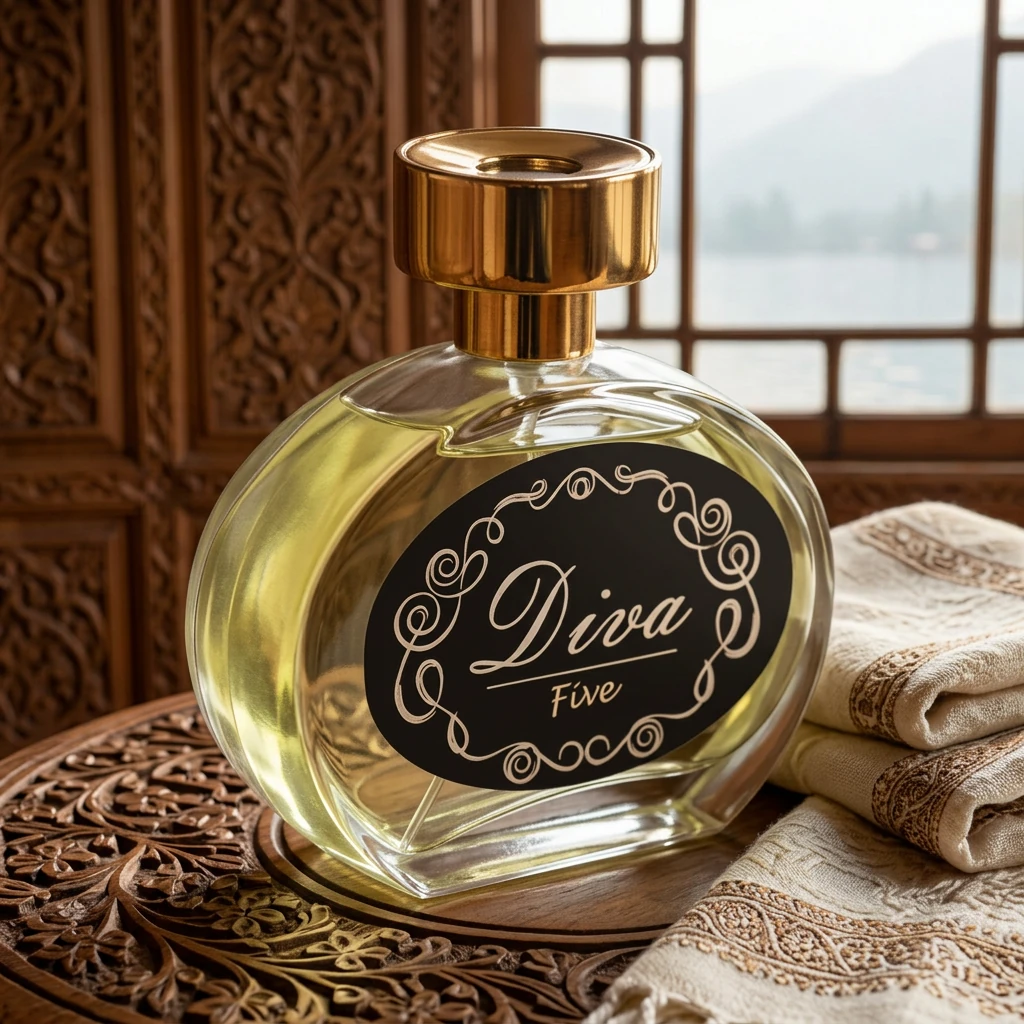 Perfume Diva Nº 5 sobre mesa de nogueira entalhada em casa-barco da Caxemira, com xale de pashmina