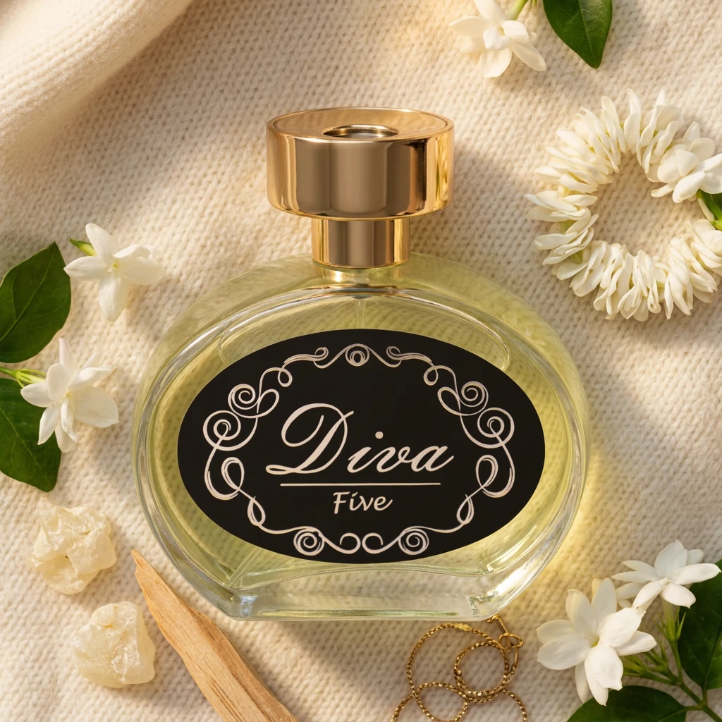 Perfume Diva Nº 5 em tricô de cashmere com flores de jasmim, âmbar branco e corrente dourada
