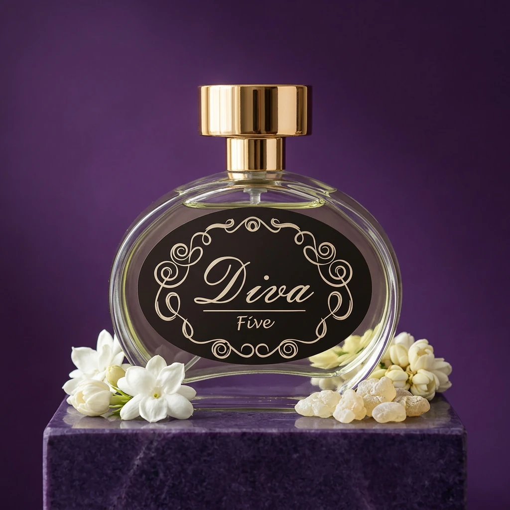 Perfume Diva Nº 5 sobre pedra roxa com flores de jasmim sambac e âmbar branco em fundo roxo
