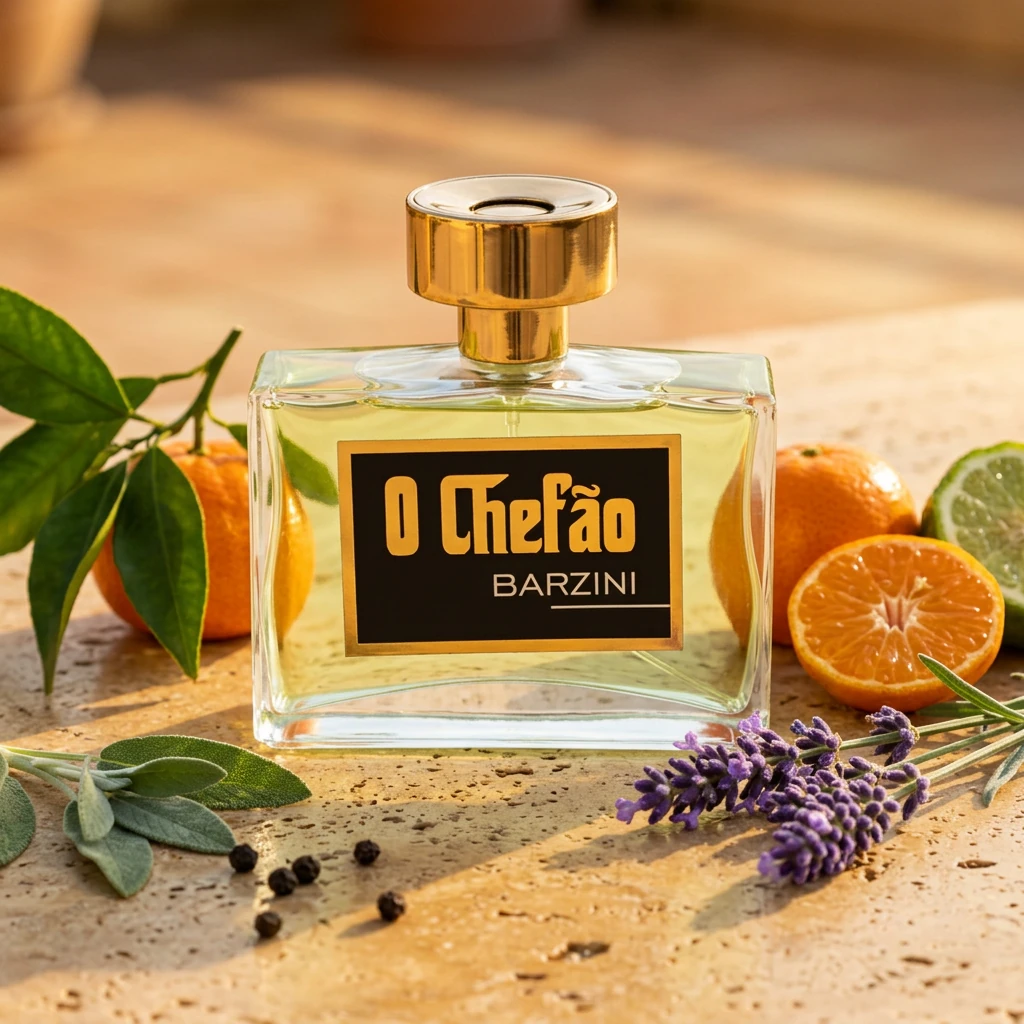 Perfume O Chefão Barzini 100 ml da RV Cosméticos com bergamotas, tangerinas, lavanda e sálvia sobre travertino ao sol