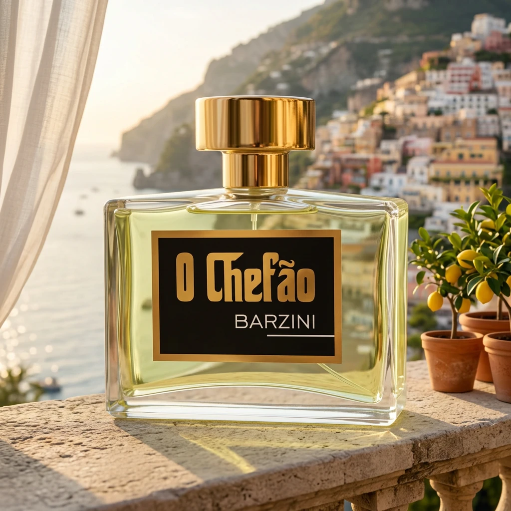 Perfume O Chefão Barzini em terraço de vila na Costa Amalfitana ao entardecer, com limoeiros e o mar ao fundo