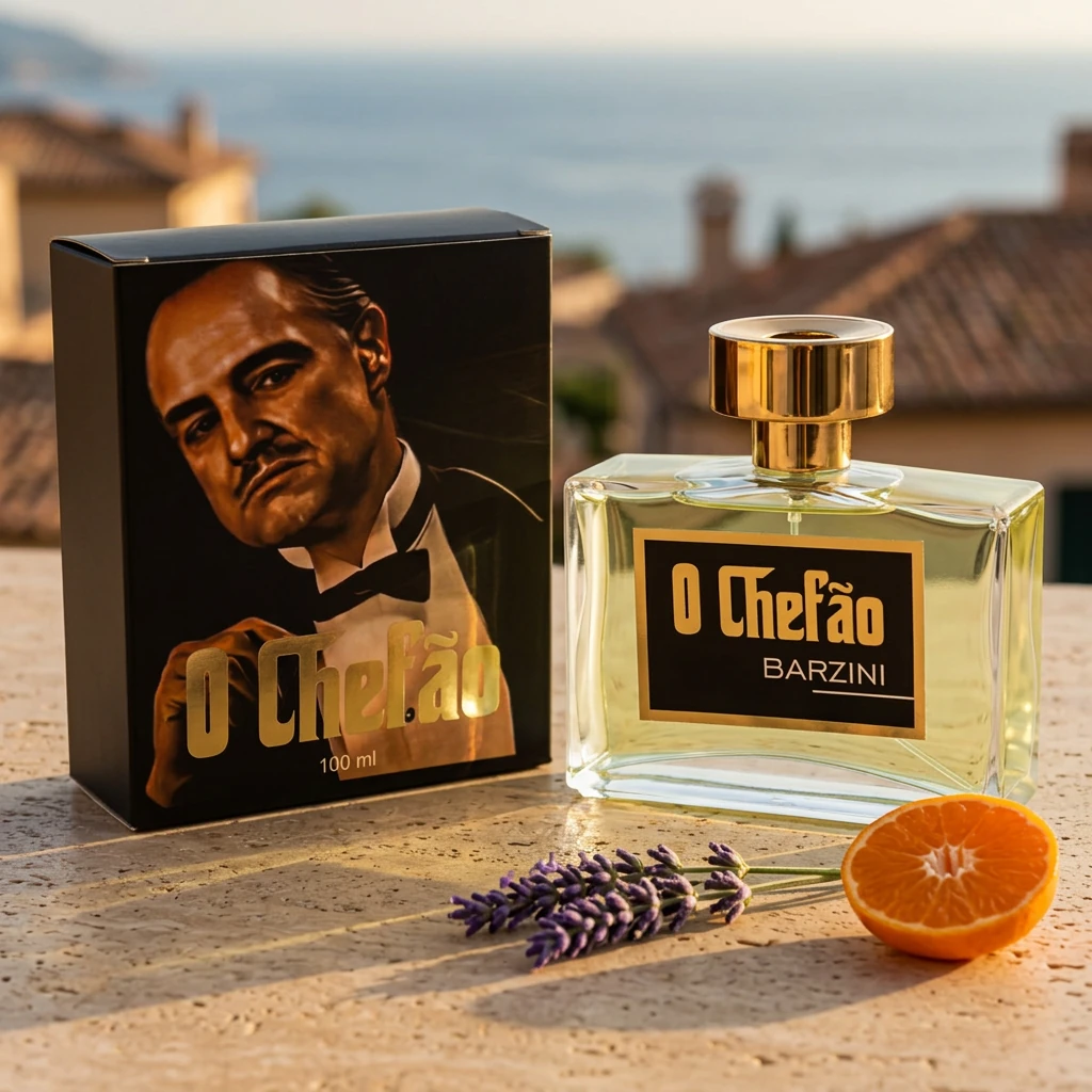 Perfume O Chefão Barzini ao lado da caixa sobre mesa de travertino em terraço italiano